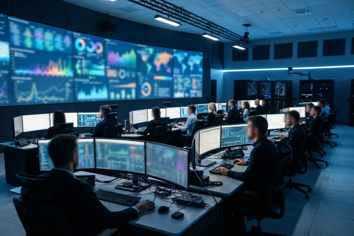 Salle de supervision informatique avec un mur d'écrans de tableaux de bord colorés et des postes de travail