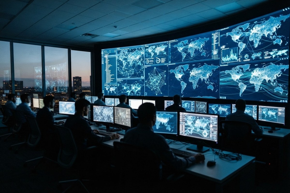 Centre d'opérations sombre avec des analystes face à un grand mur d'écrans affichant cartes du monde et graphes de réseau