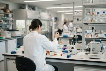 Chercheuse de dos en blouse blanche manipulant des échantillons sur une paillasse dans un laboratoire pharmaceutique moderne