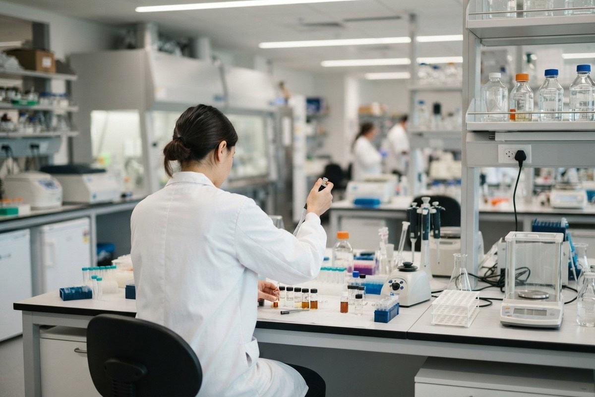 Chercheuse de dos en blouse blanche manipulant des échantillons sur une paillasse dans un laboratoire pharmaceutique moderne