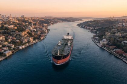Vue aérienne d'un grand pétrolier remontant un détroit maritime au crépuscule, entre deux rives urbanisées