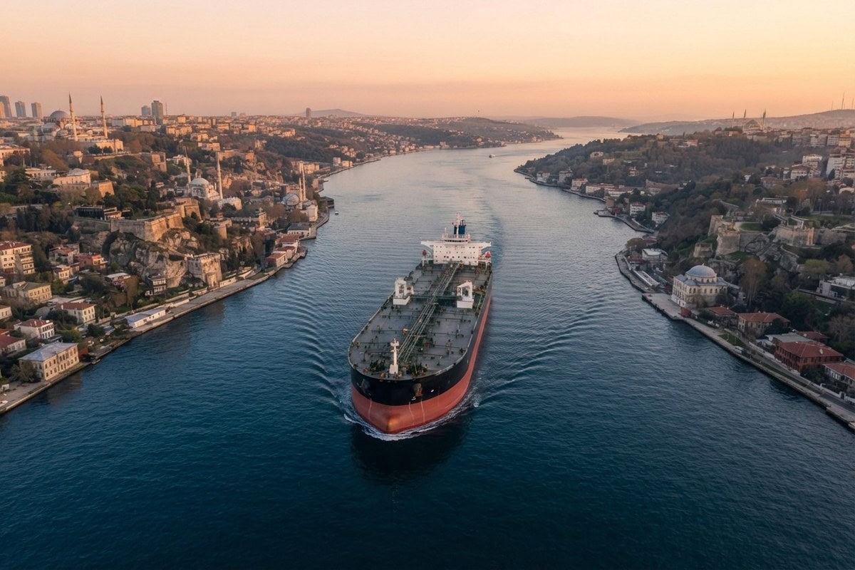 Vue aérienne d'un grand pétrolier remontant un détroit maritime au crépuscule, entre deux rives urbanisées