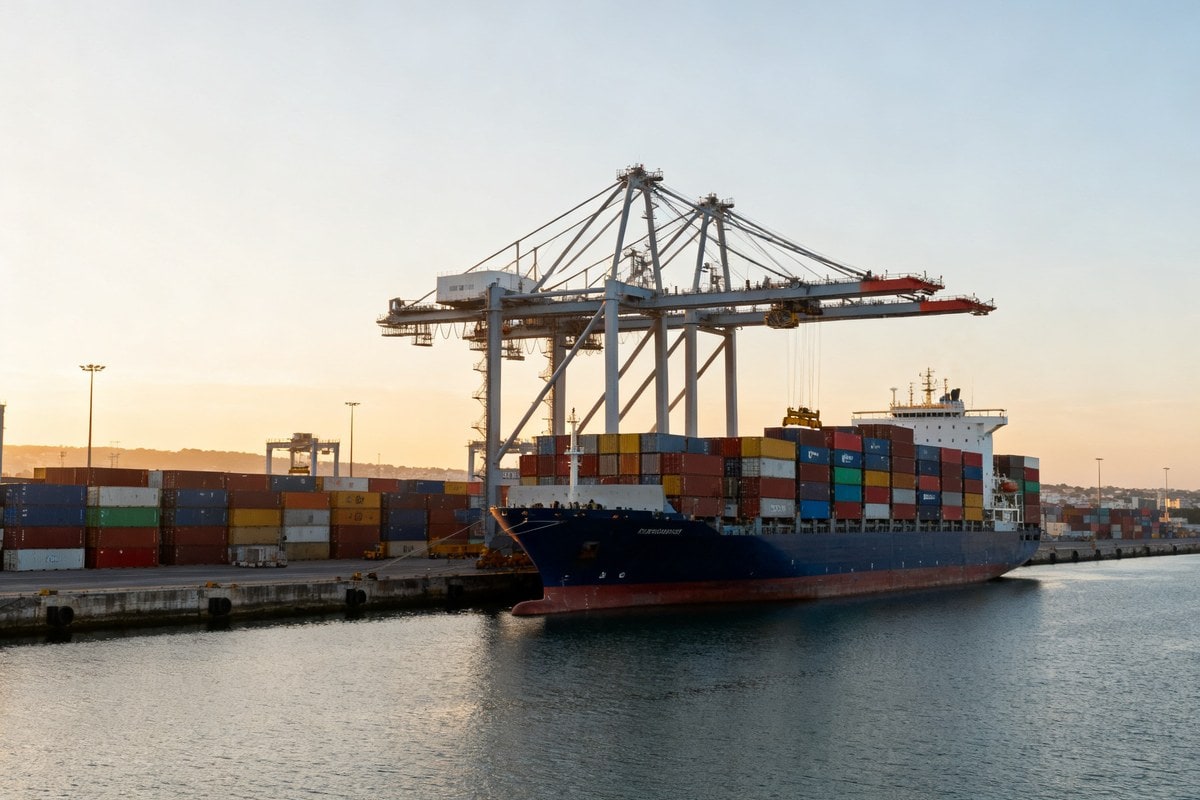Porte-conteneurs à quai dans un port au lever du jour, grues portiques et conteneurs colorés empilés sur le terminal