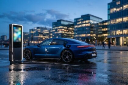 Berline sportive bleue branchée à une borne de recharge électrique au crépuscule, immeubles de bureaux en arrière-plan