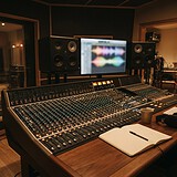 Console de mixage d'un studio d'enregistrement, écrans de contrôle et carnet ouvert, vue sur la salle de prise
