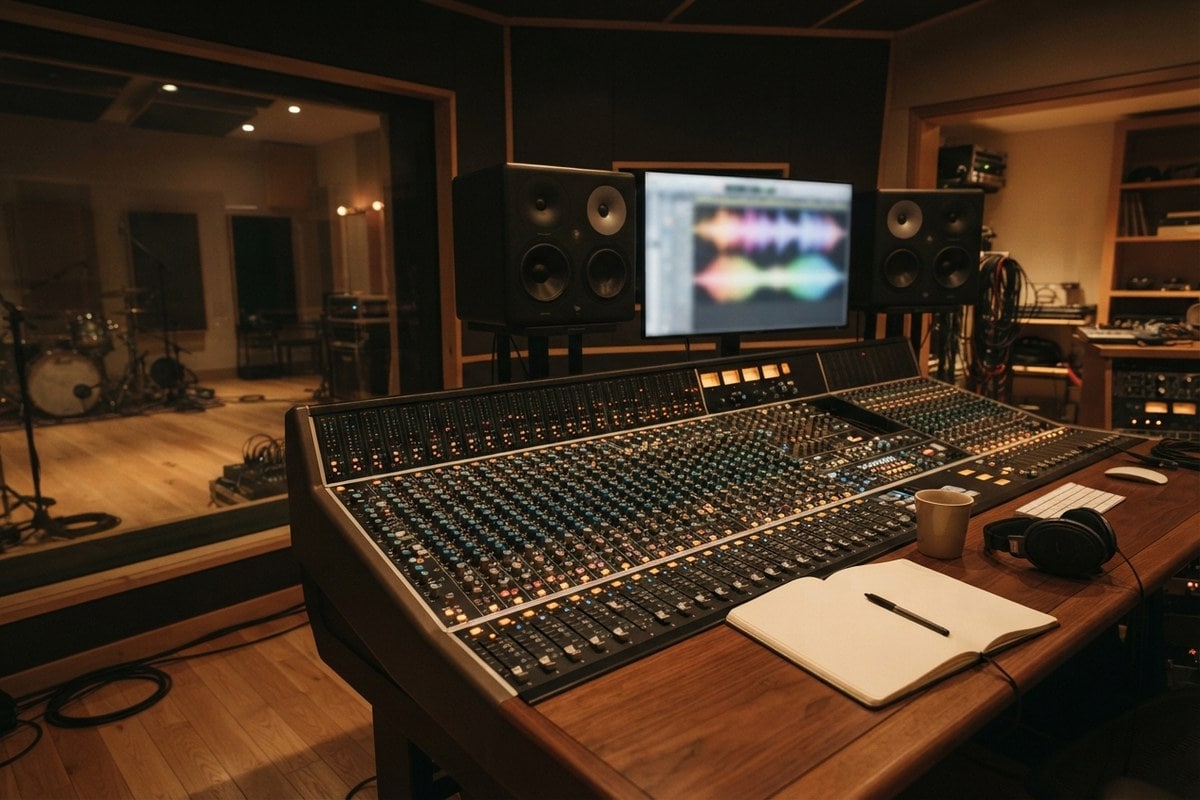 Console de mixage d'un studio d'enregistrement, écrans de contrôle et carnet ouvert, vue sur la salle de prise