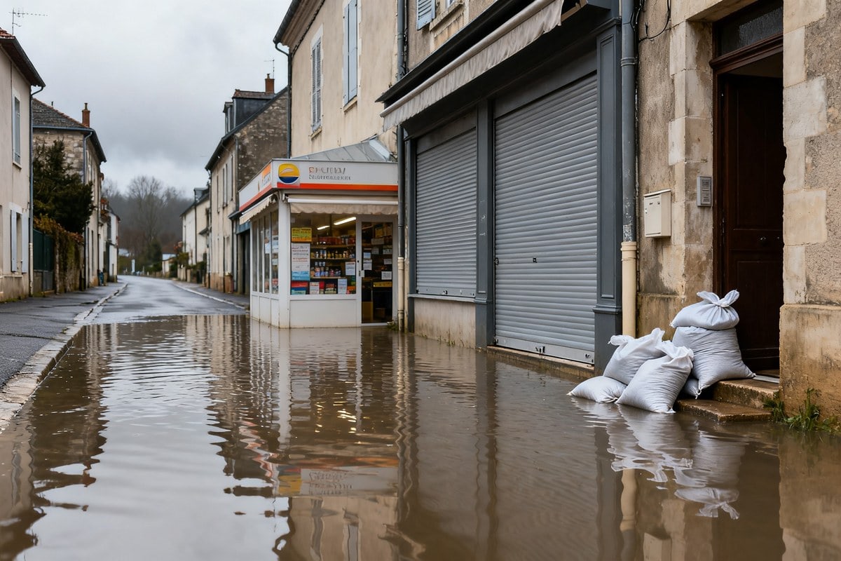 Rue inondée d'un bourg français, eau brune devant un commerce et sacs de sable au pied d'une porte