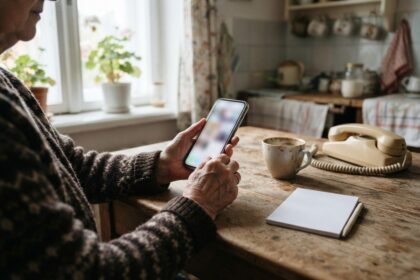 Femme âgée assise à une table de cuisine en bois, un smartphone à l'écran flou entre les mains