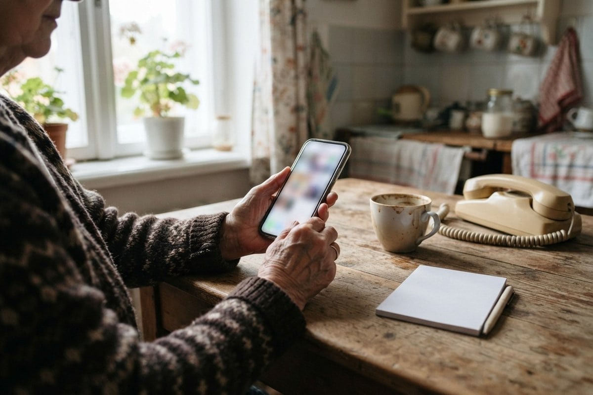 Femme âgée assise à une table de cuisine en bois, un smartphone à l'écran flou entre les mains