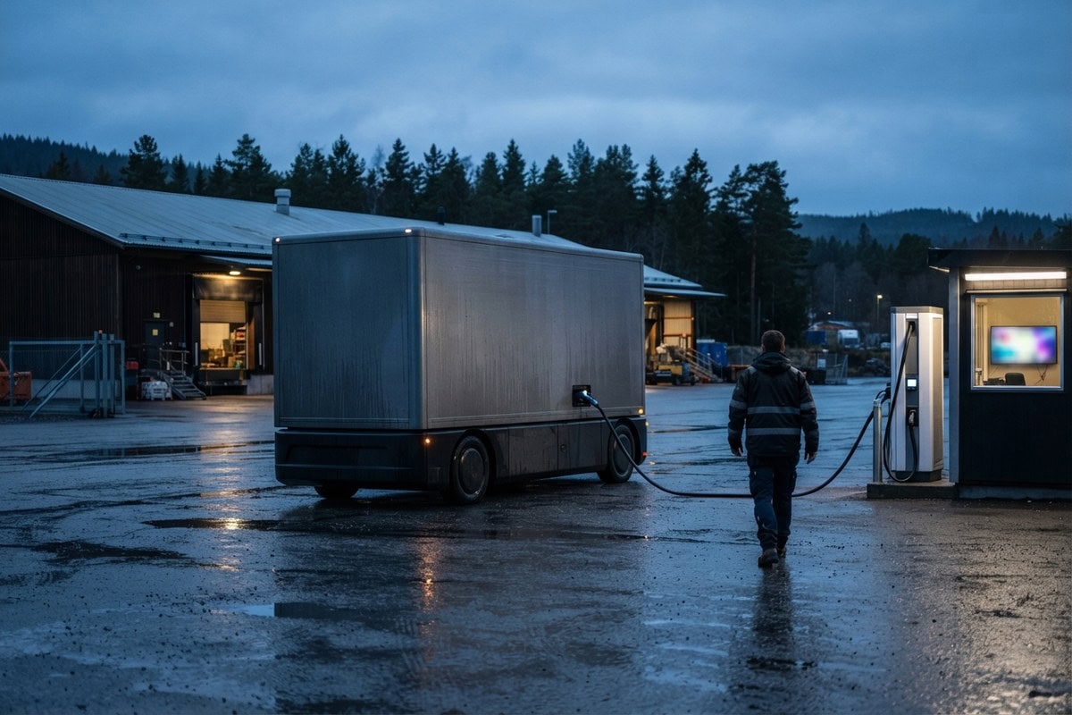 Camion électrique sans cabine branché à une borne de recharge sur un site logistique nordique, à la tombée du jour