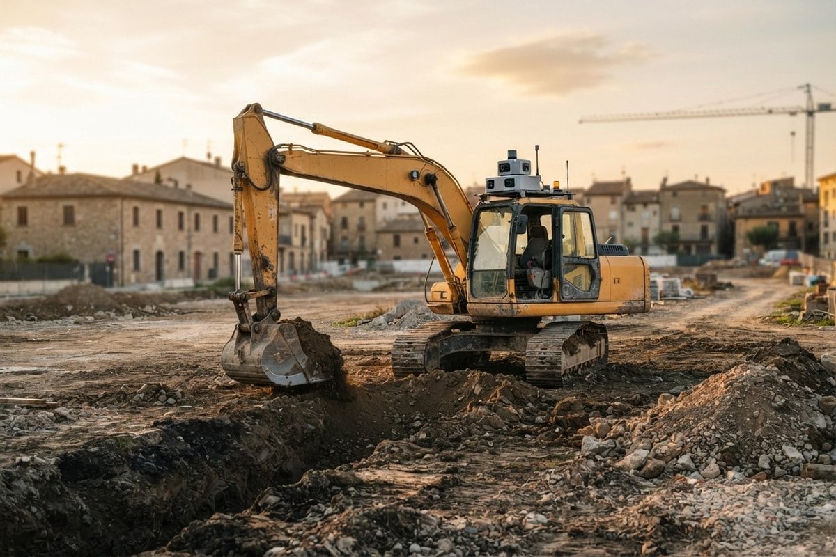 Pelleteuse jaune à cabine vide creusant une tranchée sur un chantier, capteurs montés sur son toit