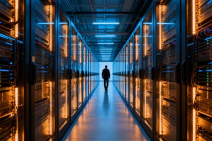 Longue allée d'un centre de données bordée de baies de serveurs illuminées, une silhouette de technicien de dos au fond.