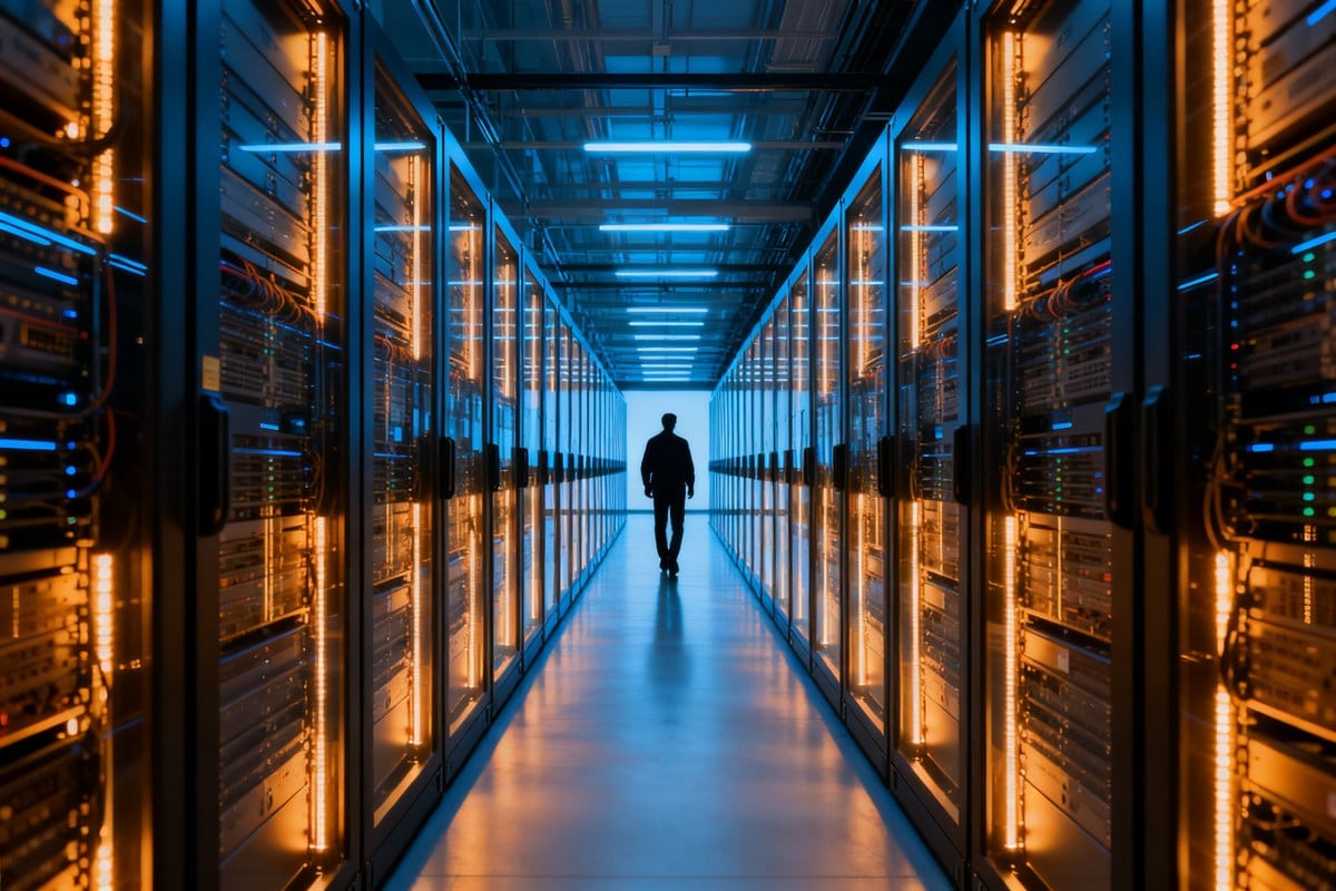Longue allée d'un centre de données bordée de baies de serveurs illuminées, une silhouette de technicien de dos au fond.