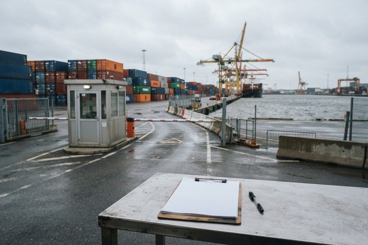 Poste de contrôle vide et barrière baissée devant des piles de conteneurs dans un port européen
