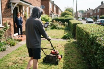 Adolescent en sweat à capuche tondant une pelouse devant une maison de brique, smartphone à la main
