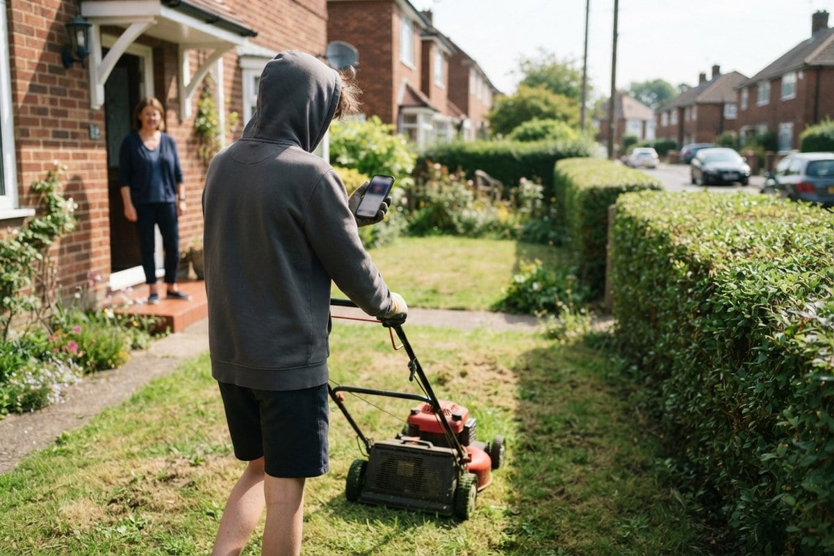 Adolescent en sweat à capuche tondant une pelouse devant une maison de brique, smartphone à la main