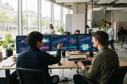 Deux jeunes entrepreneurs analysent des visualisations de données colorées sur plusieurs écrans dans un bureau lumineux