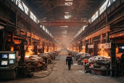 Un ouvrier casqué marche dans l'allée centrale d'une halle d'électrolyse aux cuves incandescentes