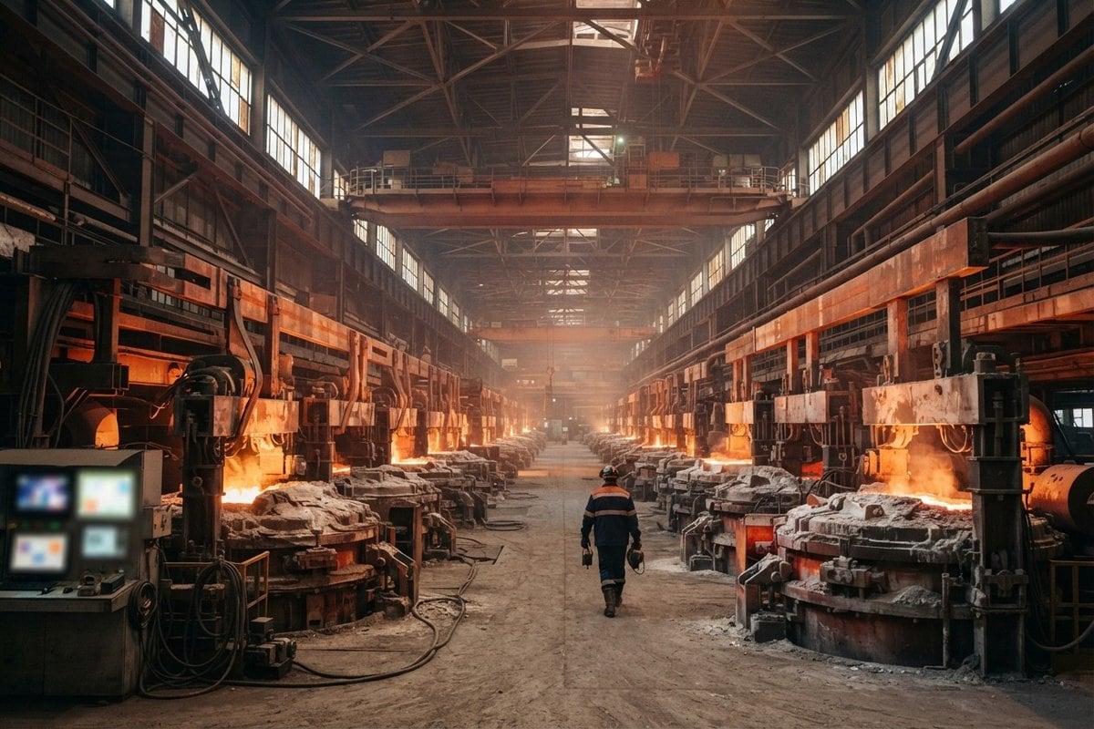 Un ouvrier casqué marche dans l'allée centrale d'une halle d'électrolyse aux cuves incandescentes