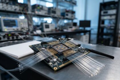 Carte de test électronique portant une puce photonique, traversée par des faisceaux de fibres optiques