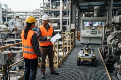 Deux ouvriers en gilet orange discutent sur une passerelle métallique d'usine, près d'un petit robot roulant autonome.