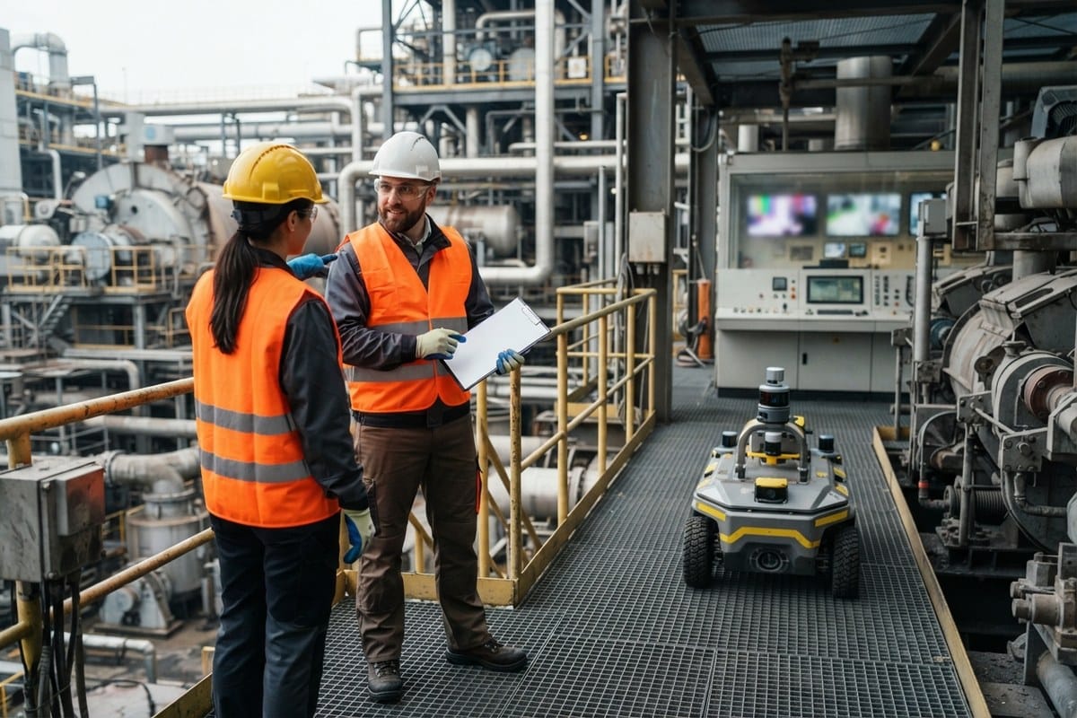 Deux ouvriers en gilet orange discutent sur une passerelle métallique d'usine, près d'un petit robot roulant autonome.