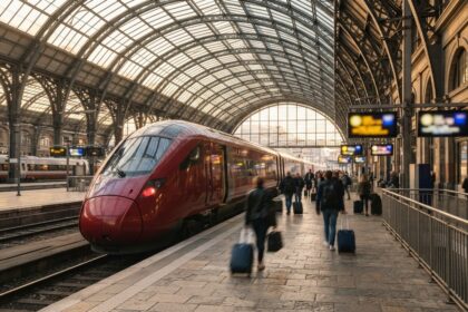 Train à grande vitesse rouge à quai sous la verrière d'une grande gare européenne, voyageurs avec valises