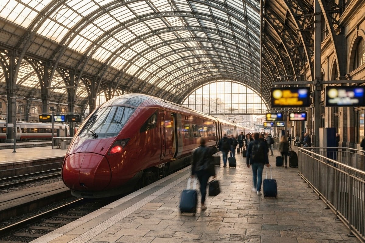 Train à grande vitesse rouge à quai sous la verrière d'une grande gare européenne, voyageurs avec valises