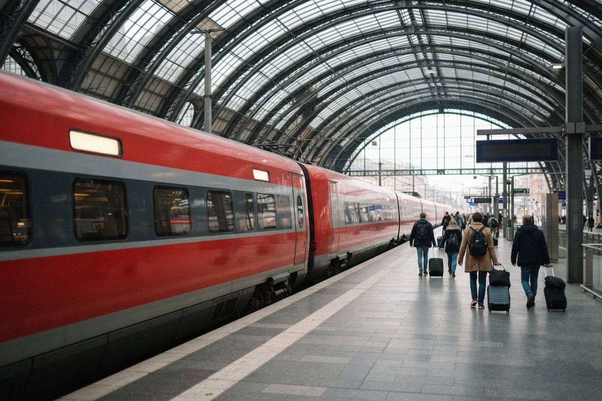 Rame à grande vitesse rouge et grise à quai sous la verrière d'une gare, voyageurs avec valises