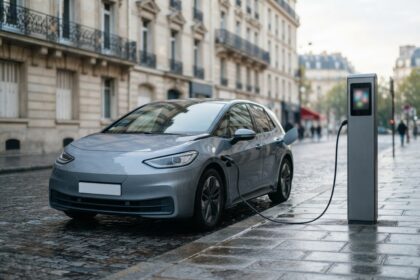 Voiture électrique grise branchée à une borne de recharge sur un trottoir pavé, immeubles haussmanniens en arrière-plan