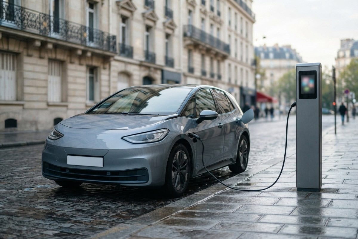 Voiture électrique grise branchée à une borne de recharge sur un trottoir pavé, immeubles haussmanniens en arrière-plan