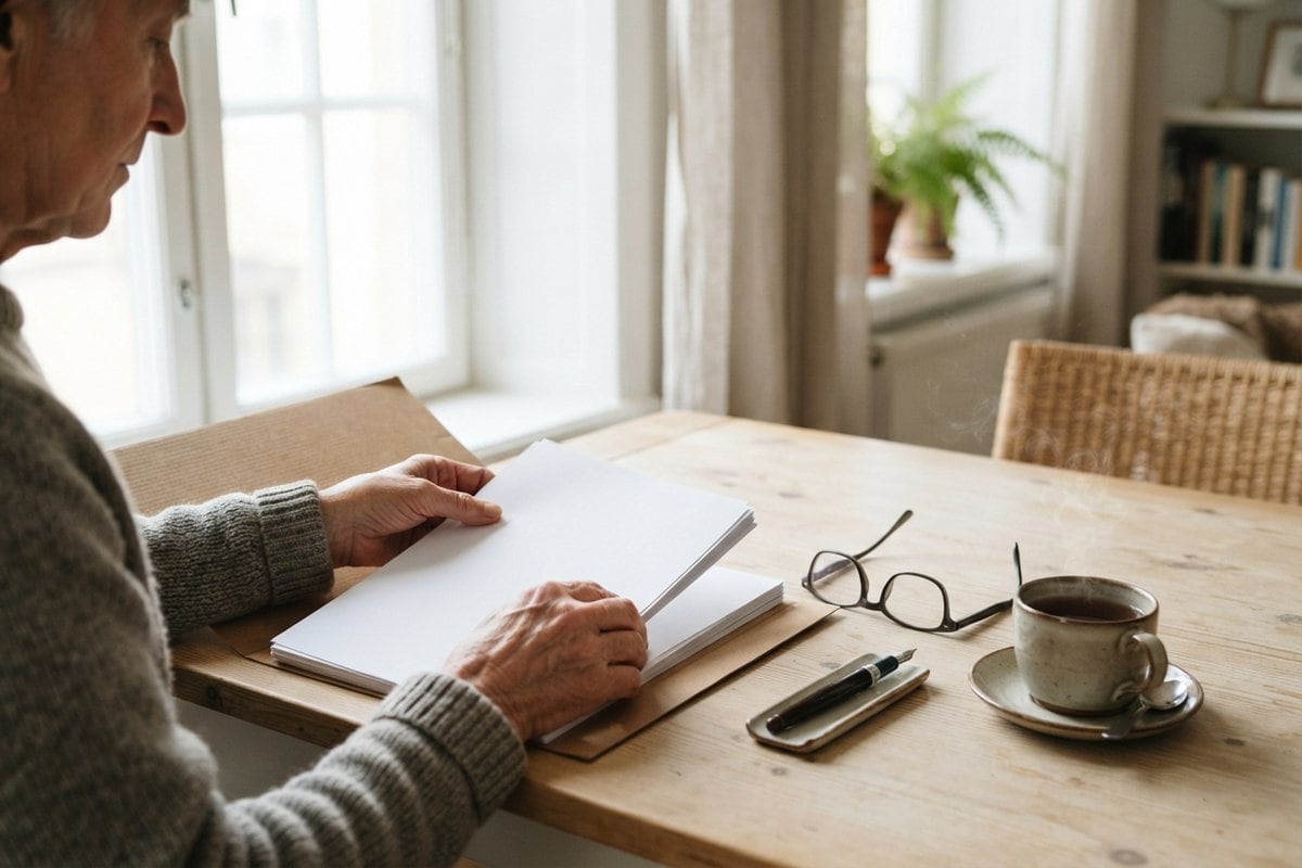 Personne âgée assise à une table en bois, classant des documents vierges près de lunettes et d'une tasse