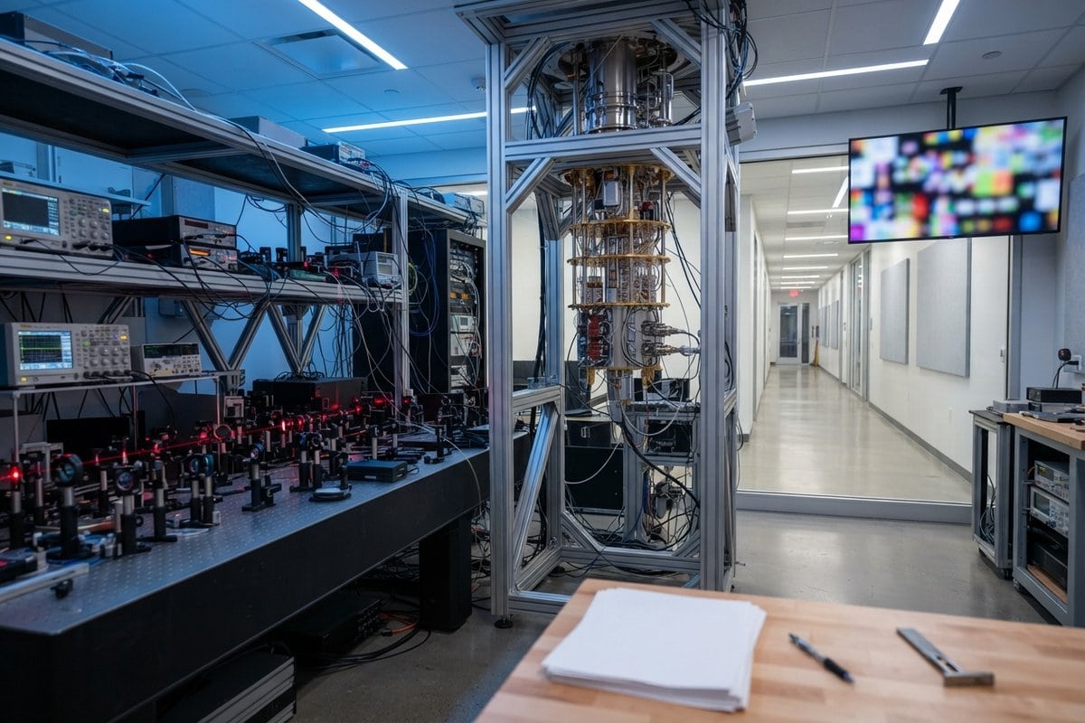Laboratoire de calcul quantique avec cryostat suspendu et table optique parcourue de faisceaux laser rouges