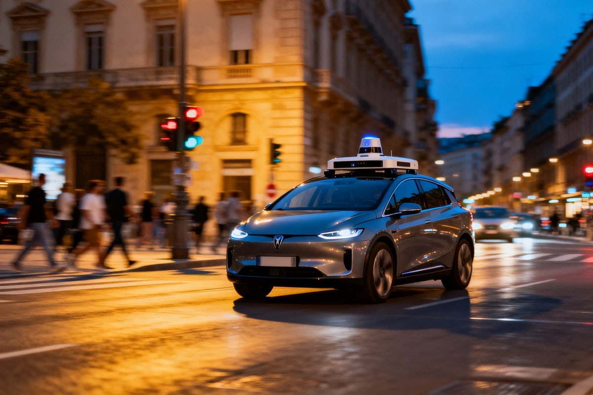 Voiture autonome grise équipée d'un capteur lidar sur le toit circulant dans une rue de ville au crépuscule.