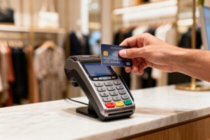 Main présentant une carte bancaire sans contact devant un terminal de paiement posé sur le comptoir d'une boutique