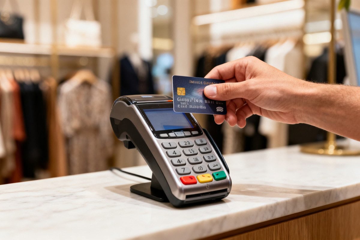 Main présentant une carte bancaire sans contact devant un terminal de paiement posé sur le comptoir d'une boutique
