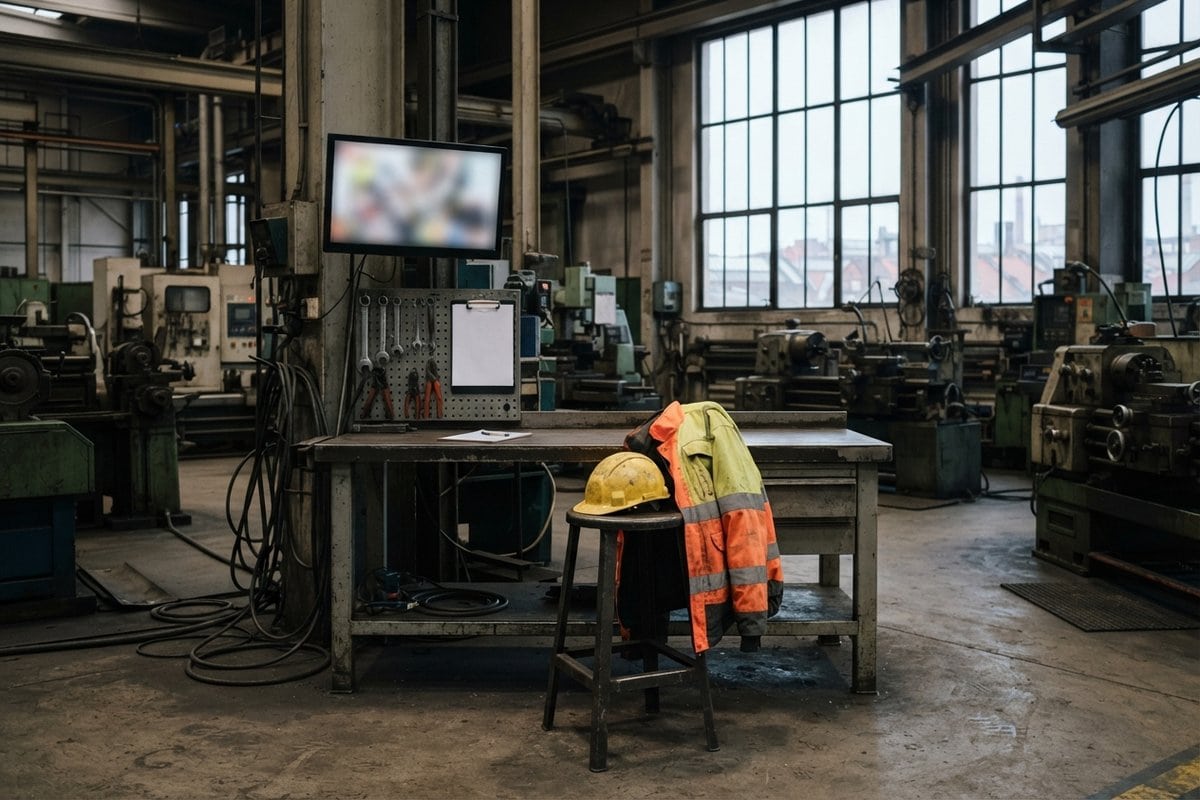 Casque de chantier jaune et veste haute visibilité posés sur un tabouret devant un établi, dans un atelier désert