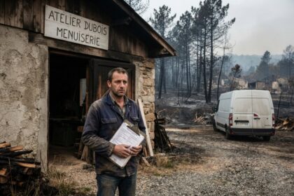 Un artisan menuisier tient un dossier devant son atelier fermé, au bord d'une forêt de pins calcinée.
