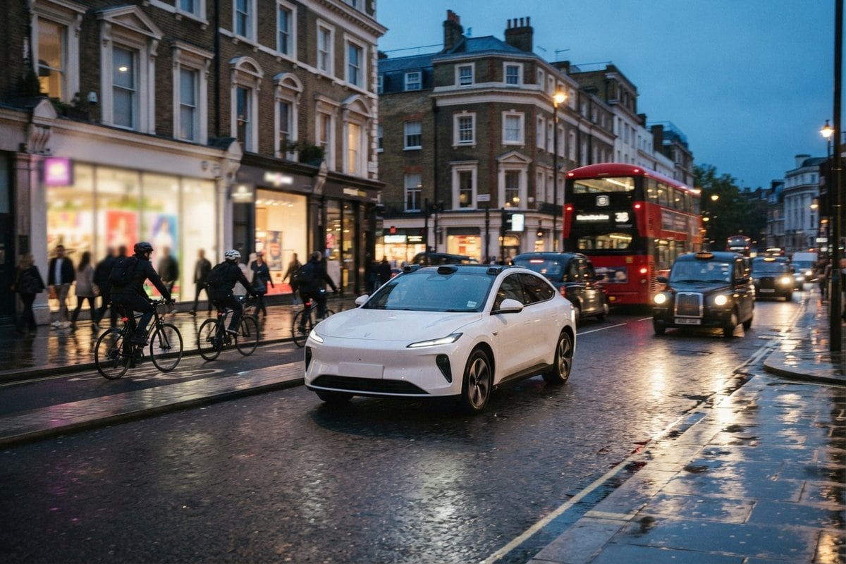 Voiture électrique blanche équipée de capteurs de toit circulant dans une rue de Londres à la tombée du jour