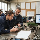 Un jeune apprenti et son tuteur examinent une pièce métallique sur un établi d'atelier