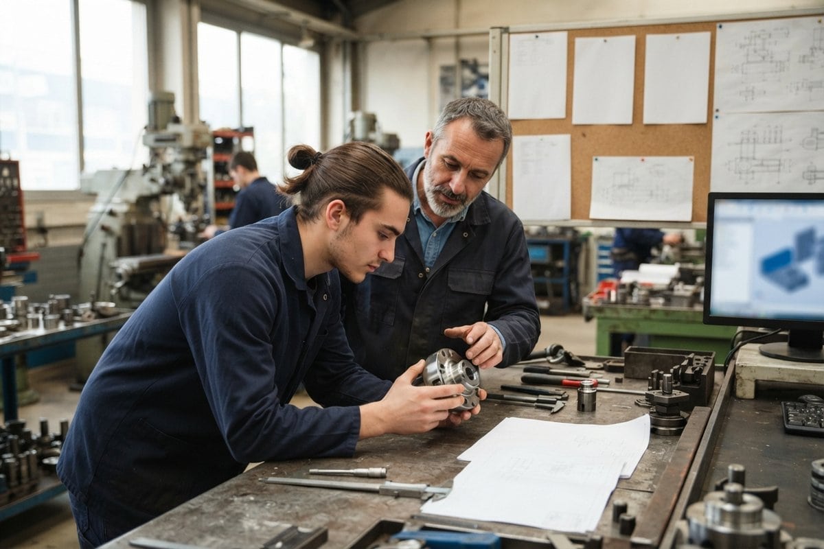 Un jeune apprenti et son tuteur examinent une pièce métallique sur un établi d'atelier