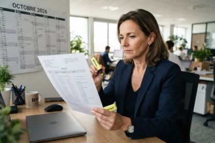 Une responsable RH lit un document imprimé, surligneur à la main, devant un calendrier mural affichant octobre 2026.
