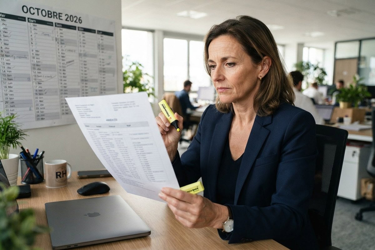 Une responsable RH lit un document imprimé, surligneur à la main, devant un calendrier mural affichant octobre 2026.
