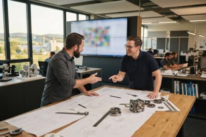 Deux ingénieurs échangent au-dessus de plans techniques et de pièces mécaniques dans un bureau d'études