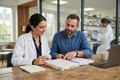 Une scientifique en blouse blanche et un collègue annotent un épais rapport d'étude couvert de marque-pages colorés