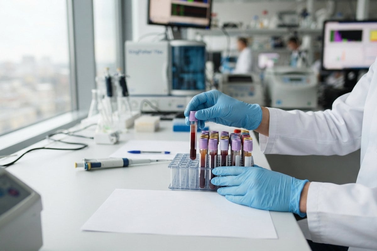 Mains gantées de bleu déposant un tube de sang dans un portoir, sur une paillasse de laboratoire
