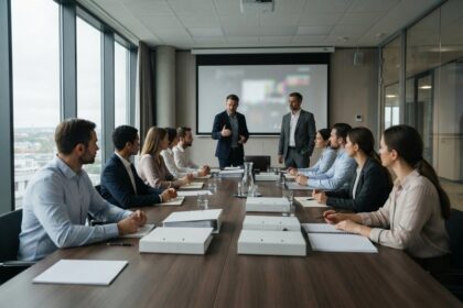 Réunion dans une salle de conseil : dix salariés assis autour d'une table écoutent deux dirigeants debout