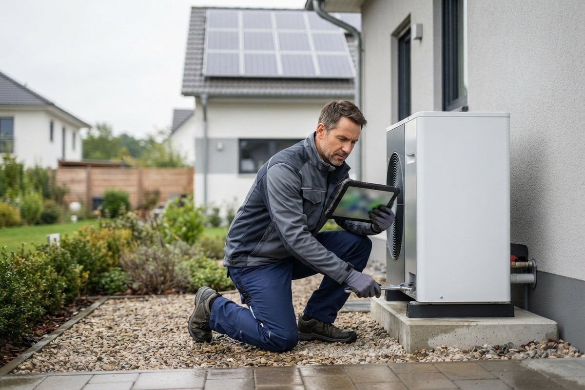 Un technicien agenouillé règle une pompe à chaleur extérieure devant une maison équipée de panneaux solaires