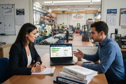 Une auditrice et un responsable qualité échangent devant un tableau de bord ISO 27001, l'atelier d'une usine en arrière-plan