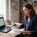Femme en veste bleu marine relisant un formulaire à son bureau, près d'un ordinateur portable et d'une photo de nouveau-né